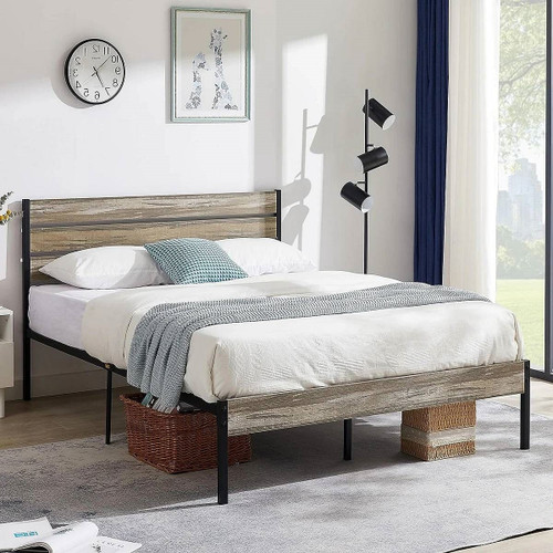 Queen Industrial Farmhouse Rustic Wood Metal Platform Bed Frame with Headboard Queen Industrial Farmhouse Rustic Wood Metal Platform Bed Frame with Headboard