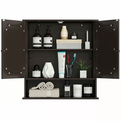 Brown Wooden Bathroom Wall / Medicine Cabinet with Mirrored Doors and Shelf