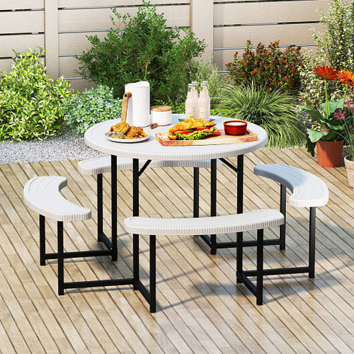 Round Picnic Table Bench Set with 4 Benches and Umbrella Hole for Patio Lawn-White