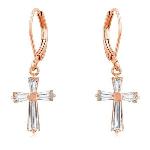 Rose Gold Plated CZ Cross Drop Earrings