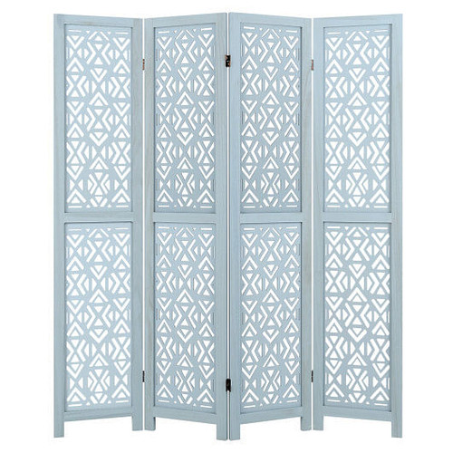 4/6 Panel Wooden Room Divider with Carved Cutout Pattern and Solid Wood Frame-4 Panel