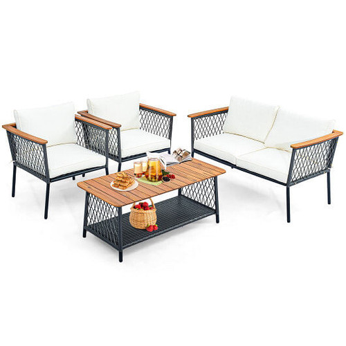 4 Piece Patio Rattan Furniture Set with 2-Tier Coffee Table-White