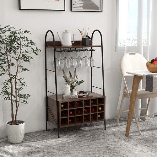 Baker's Rack with Detachable Wine Rack and 5 Rows of Stemware Holder-Rustic Brown 