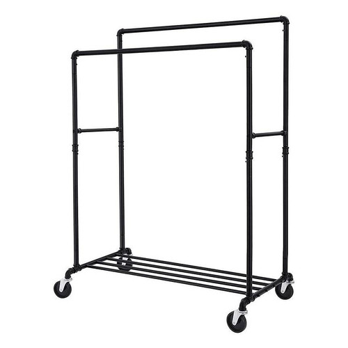 Heavy Duty Rustic Pipe Black Double-Rail Clothes Garment Rack w/ Locking Wheels Heavy Duty Rustic Pipe Black Double-Rail Clothes Garment Rack w/ Locking Wheels
