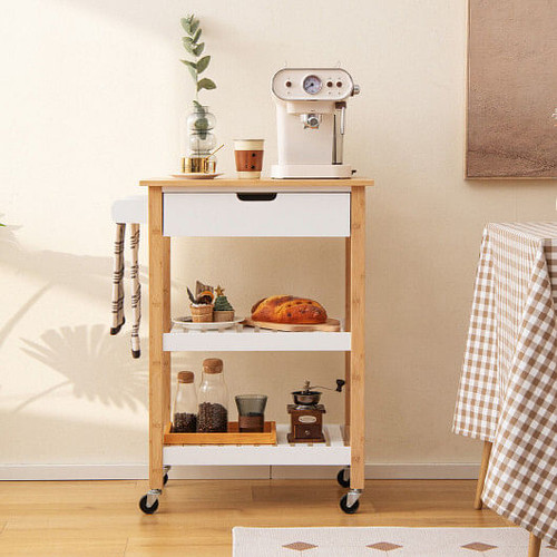 3-Tier Kitchen Island Cart Rolling Service Trolley with Bamboo Top-White