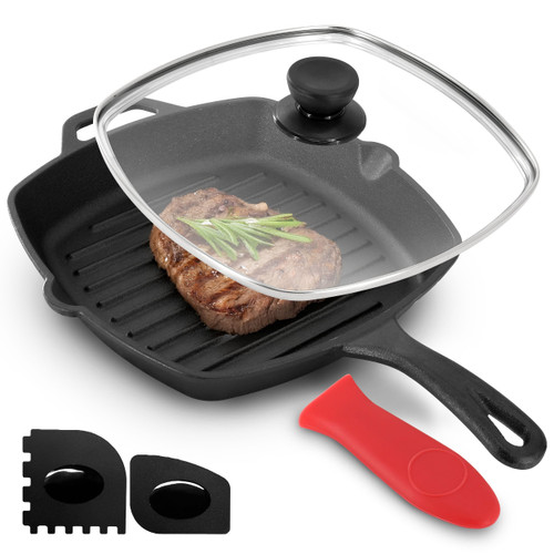 MegaChef 10.4 Inch Pre-Seasoned Cast Iron Griddle with Tempered Glass Lid