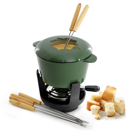 MegaChef Enameled Cast Iron Fondue Pot with 6 Serving Forks in Green MegaChef Enameled Cast Iron Fondue Pot with 6 Serving Forks in Green