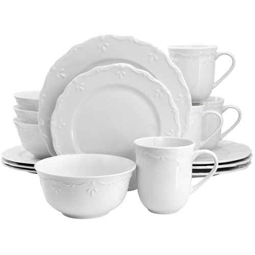 Elama Henryi 16 Piece Porcelain Dinnerware Set in White Elama Henryi 16 Piece Porcelain Dinnerware Set in White