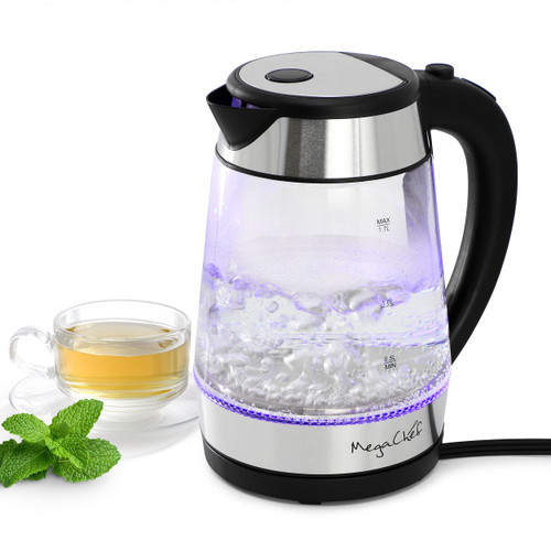 MegaChef 1.8 Quart Glass and Stainless Steel Electric Tea Kettle in Silver MegaChef 1.8 Quart Glass and Stainless Steel Electric Tea Kettle in Silver
