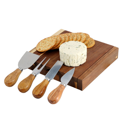 MegaChef Acacia Wood 5 Piece Square Cheese Board with Knife Set