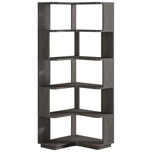 Multifunctional 6 Shelf Corner L-Shaped Bookcase in Dark Grey Wood Finish