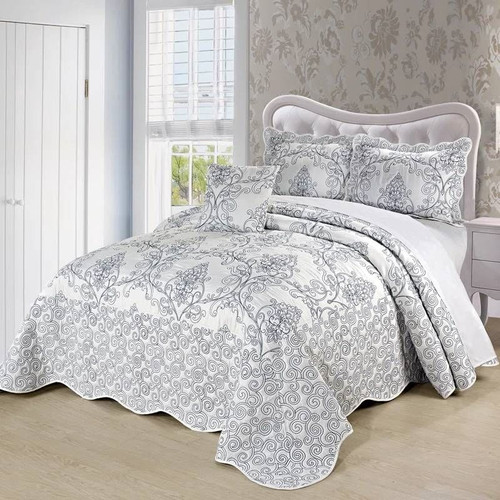 King size White Damask Embroidered 4 Piece Oversized Bedspread Set King size White Damask Embroidered 4 Piece Oversized Bedspread Set