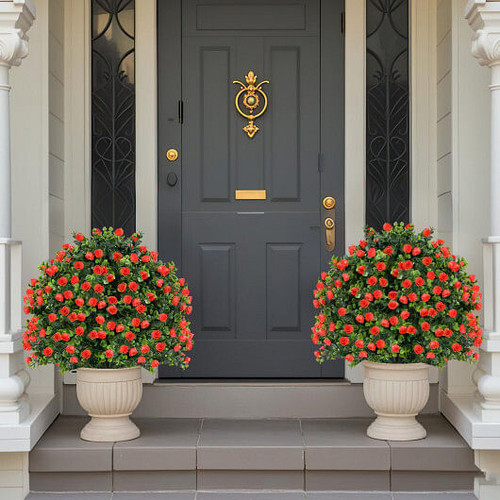 2 Pack Artificial Rose Topiary Ball Tree Faux Shrub Bushes with Flowers-Red