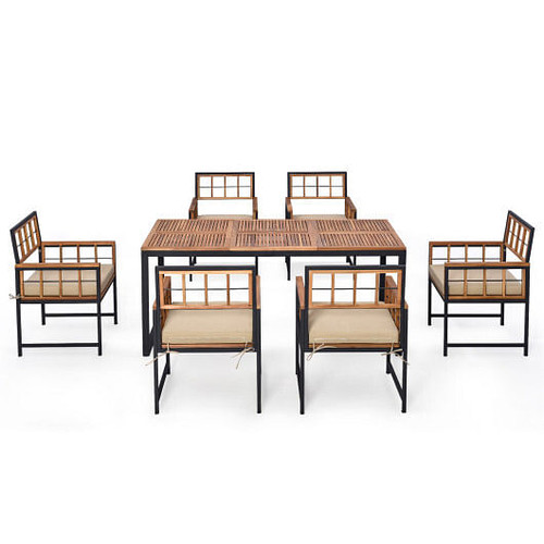 7 Pieces Patio Acacia Wood Dining Set with Soft Cushions and Umbrella Hole-Natural 7 Pieces Patio Acacia Wood Dining Set with Soft Cushions and Umbrella Hole-Natural