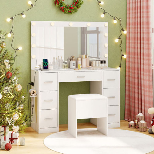 43.5-Inche Vanity Desk with Mirror and Lights for Bedroom-White
