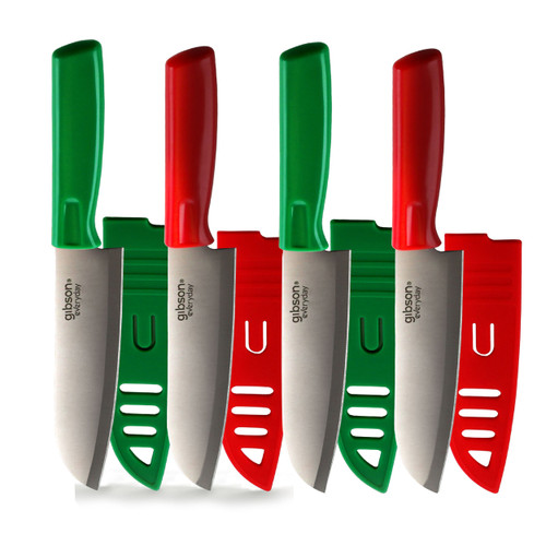 Gibson Everyday Grantville 4 Piece 6 Inch Santoku Knife with Sheath in Red and Green Gibson Everyday Grantville 4 Piece 6 Inch Santoku Knife with Sheath in Red and Green