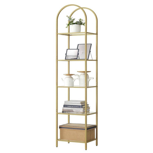 Arched Top Gold Metal Display Rack Narrow Bookcase with 5 Glass Storage Shelves