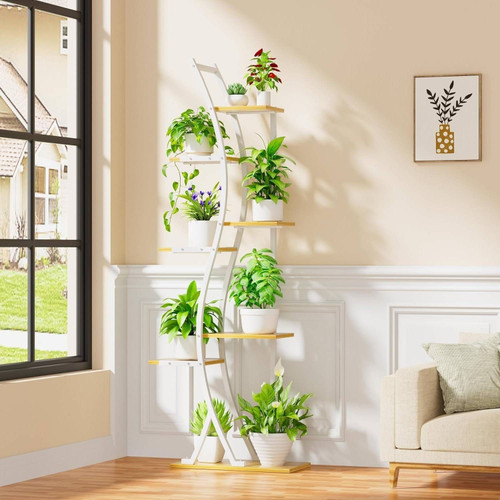 63-inch Tall Indoor Plant Stand with White Metal Frame and Wood Finish Shelves 63-inch Tall Indoor Plant Stand with White Metal Frame and Wood Finish Shelves