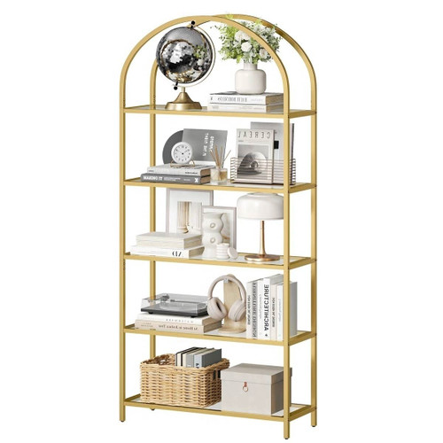Modern Gold Metal Arched Top Display Rack Bookcase with 5 Glass Storage Shelves