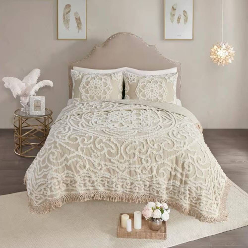 King 100-Percent Cotton Chenille Bedspread with Fringe Hem in Khaki Taupe Beige King 100-Percent Cotton Chenille Bedspread with Fringe Hem in Khaki Taupe Beige