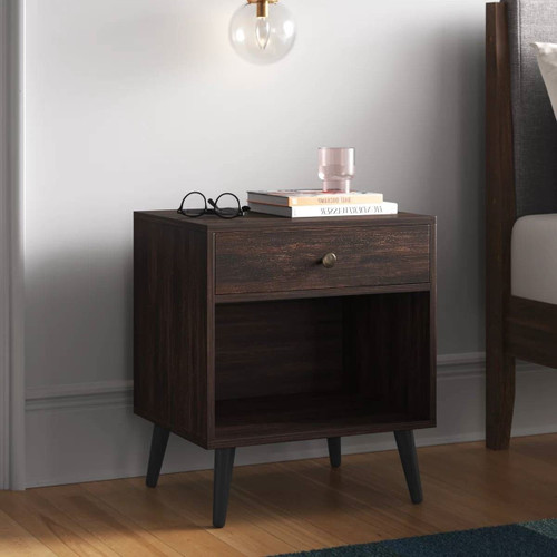 Mid-Century Modern 1-Drawer Nightstand End Table in Dark Brown Wood Finish