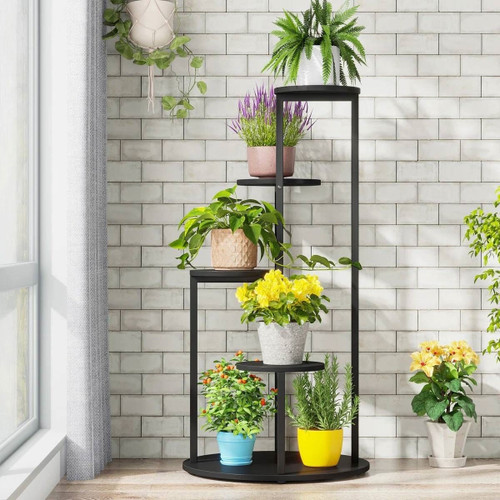 5-Tier Indoor Plant Stand with Black Metal Frame and Brown Wood Finish Shelves 5-Tier Indoor Plant Stand with Black Metal Frame and Brown Wood Finish Shelves