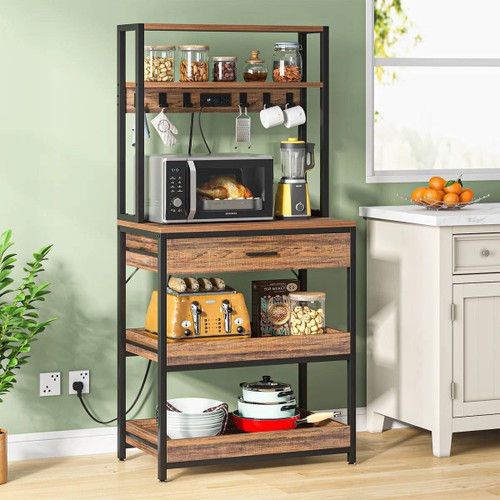 Modern Baker's Rack Shelving Unit with Pull-Out Shelves and Storage Drawer Modern Baker's Rack Shelving Unit with Pull-Out Shelves and Storage Drawer