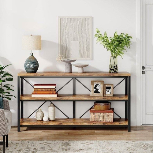 Industrial 55-inch Wood Shelf Console Sofa Table with Sturdy Black Metal Frame Industrial 55-inch Wood Shelf Console Sofa Table with Sturdy Black Metal Frame