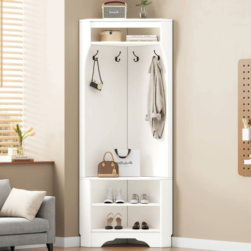 Modern White Corner Hall Tree Coat Rack Entryway Storage Cabinet Shoe Bench