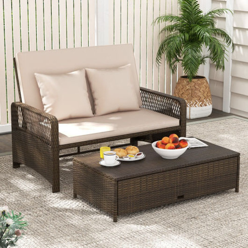 Patio Adjustable Wicker Daybed with 4-Level Backrest and Soft Cushions-Red