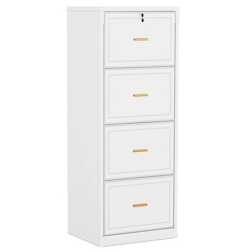 Vertical File Cabinet in White Wood Finish with 4 Lockable Storage Drawers