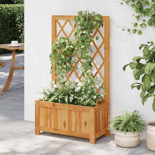 Solid Wood Outdoor Raised Garden Bed Planter with Lattice Trellis