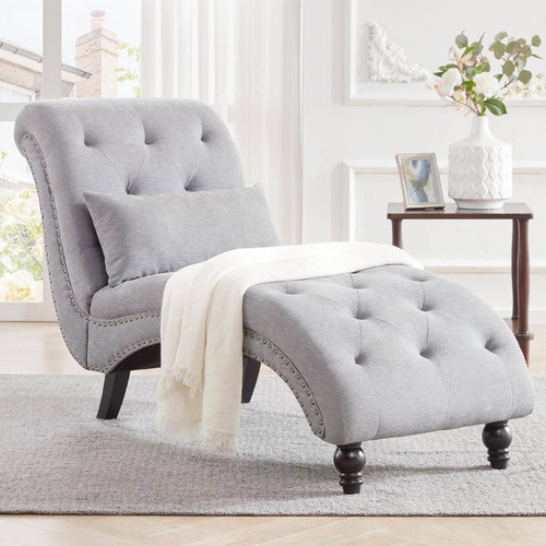 Grey Linen Upholstered Armless Chaise Lounge Chair with Pillow