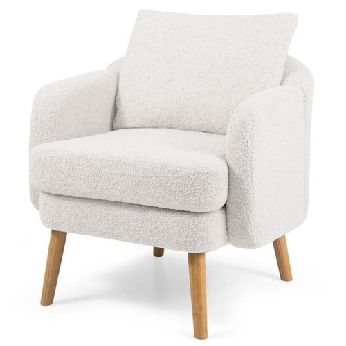 Modern White Sherpa Upholstered Accent Chair with Wooden Legs