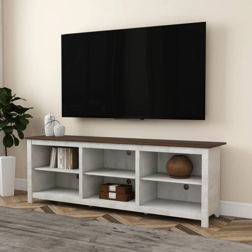 Farmhouse TV Stand in Grey Oak with Brown Wood Finish Top for TVs up to 70-inch