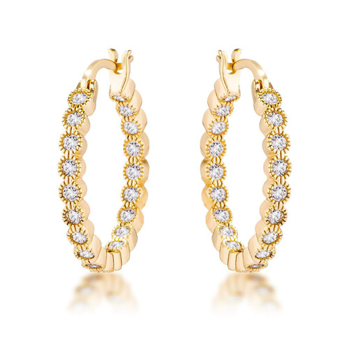 Gold Plated Dotted Clear CZ Round Bezel Hoop Earrings