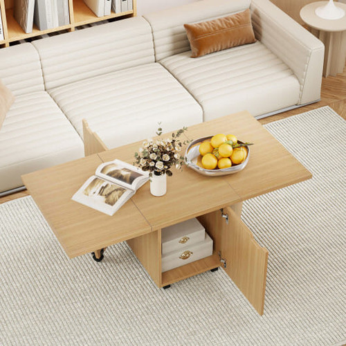 Foldable Coffee Table with Storage Cabinet Extendable Center Table-Oak
