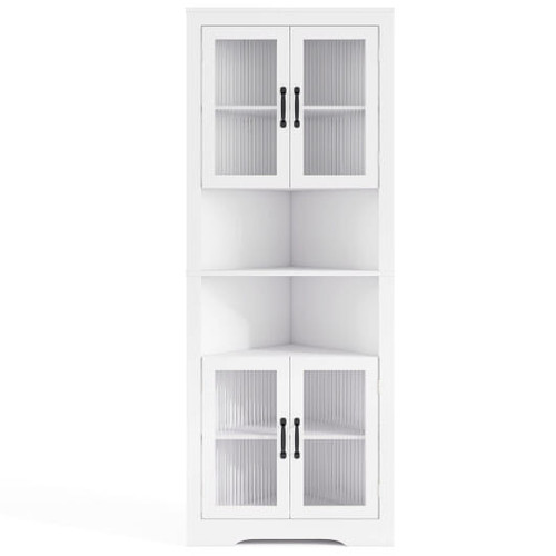 67 Inch Tall Corner Cabinet Triangular Buffet Cabinet with Tempered Glass Doors-White
