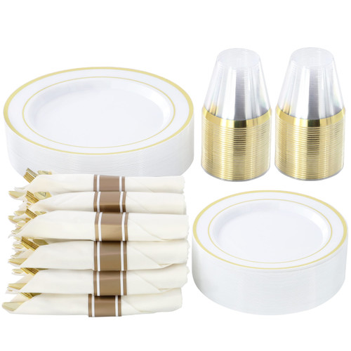 Elama 350 Piece Disposable Plastic Dinnerware Party Set for 50 Guests in White with Gold Trim