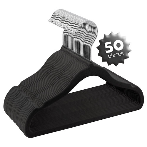 Elama Home 50 Piece Kids Non-Slip Velvet Cloths Hangers with Notched Shoulders in Black