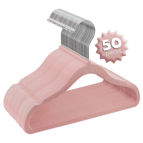 Elama Home 50 Piece Kids Non-Slip Velvet Cloths Hangers with Notched Shoulders in Pink