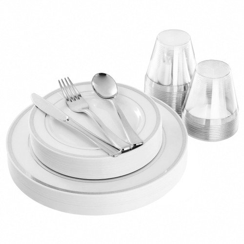 Elama 150 Piece Disposable Plastic Dinnerware Party Set for 25 Guests in White with Silver Trim