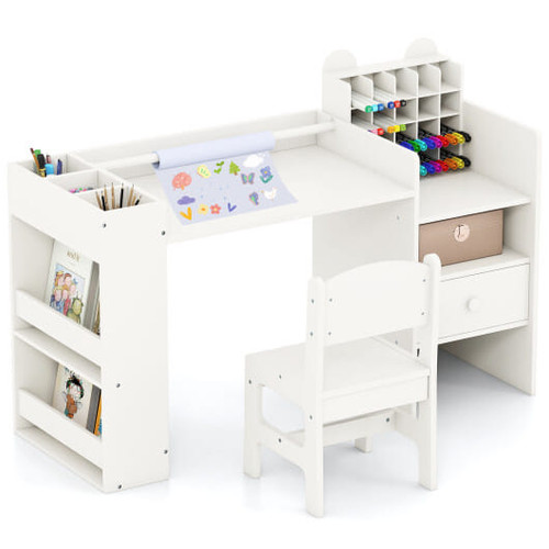 Kids Art Table and Chair Set with Detachable Paper Roll Holder and Cabinet-White
