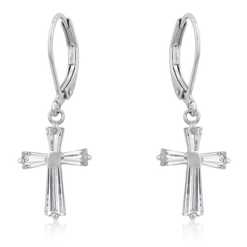 Cubic Zirconia Rhodium Plated Finish Cross Earrings