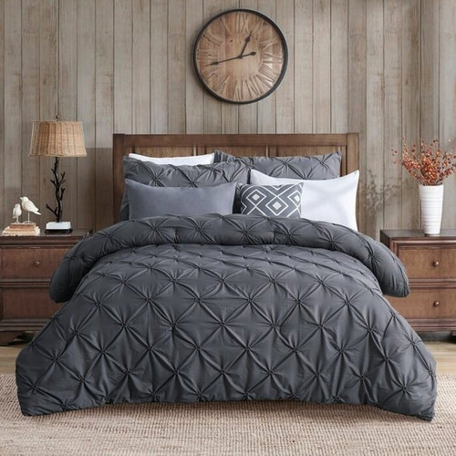Full/Queen Size All Season Pleated Hypoallergenic Microfiber Reversible 3 Piece Comforter Set in Gr
