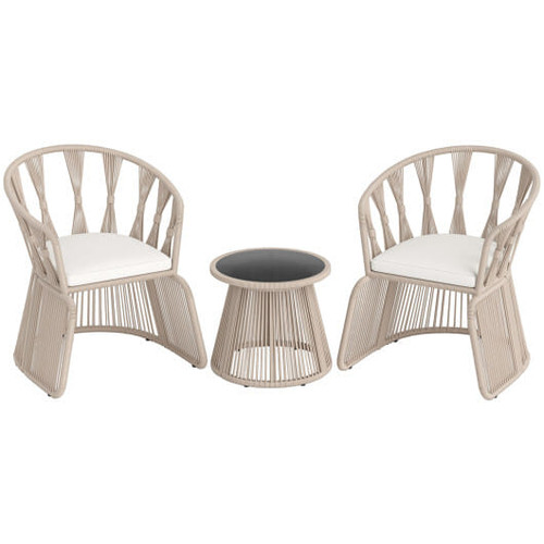 3 Pieces Patio Leisure Chair Set with Rope-Woven Armchairs and Seat Cushions-Off White