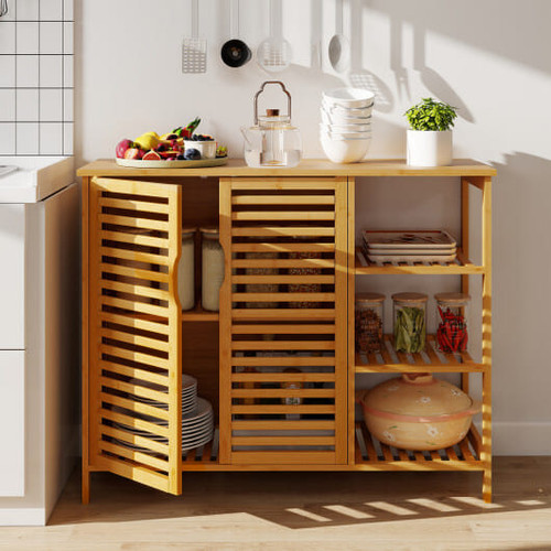 Bamboo Bathroom Cabinet 2-Door Storage Organizer with Shelves-Natural
