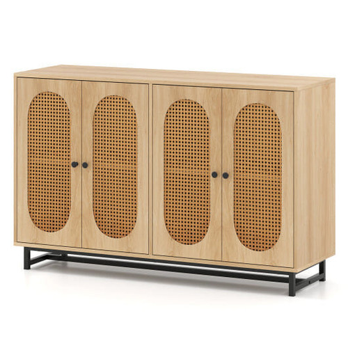 50 Inch Buffet Sideboard Cabinet with 4 Rattan Doors and Adjustable Shelves-Natural