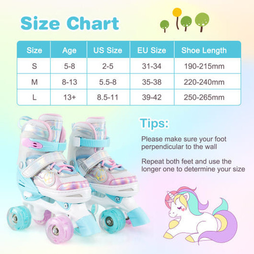 Kids Roller Skates 4 Sizes Adjustable Quad Skates with Light-up Wheels and Safety Protection-Rose R