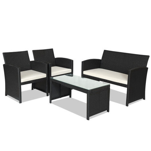 4 Pieces Rattan Patio Furniture Set with Weather Resistant Cushions and Tempered Glass Tabletop-Whi